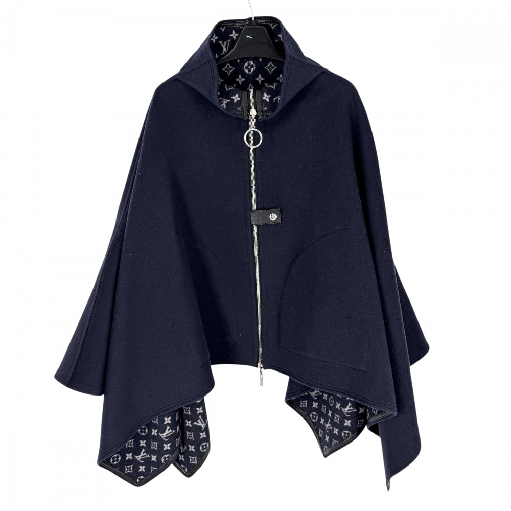 LOUIS VUITTON ルイヴィトン ポンチョ リバーシブル モノグラム アウター アパレル 服 34 ネイビー 紺 ブラック 黒 シルバー金具 ウール シルク レディース 秋 冬 美品【中古品】