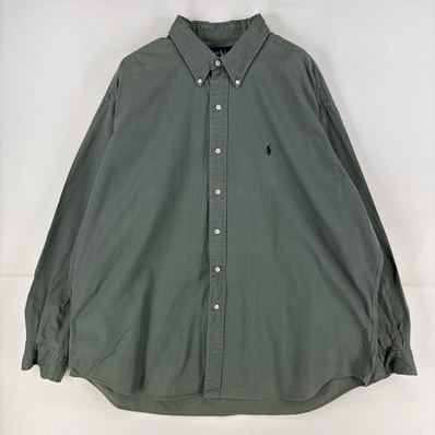古着 ラルフローレン RALPH LAUREN 長袖シャツ ワンポイント ロゴ 大きいサイズ オックスフォード 刺繍 2XL グリーン系 メンズ