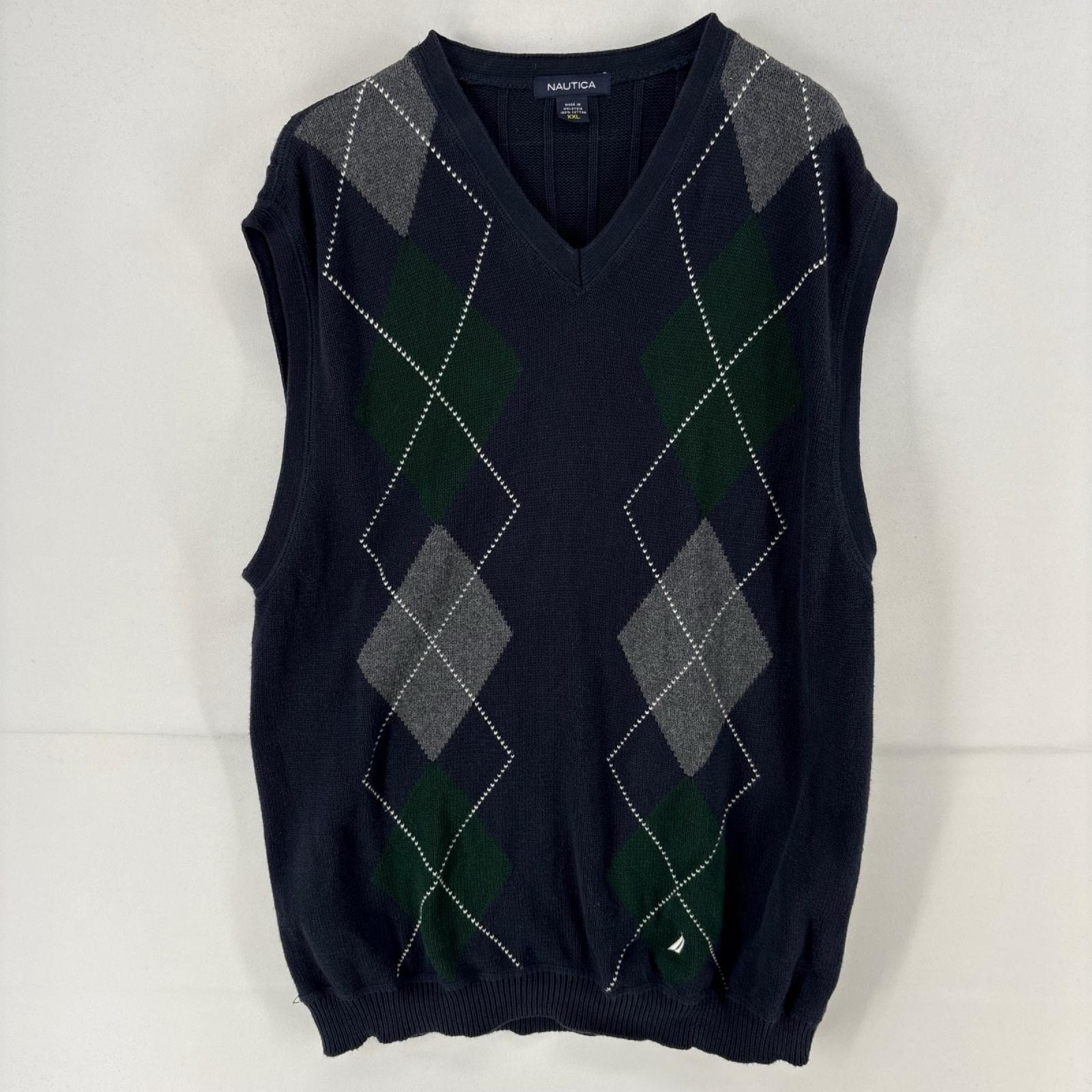 古着 ノーティカ NAUTICA ベスト アーガイル柄 Vネック コットン ニット セーター 大きいサイズ 2XL  ネイビー メンズ