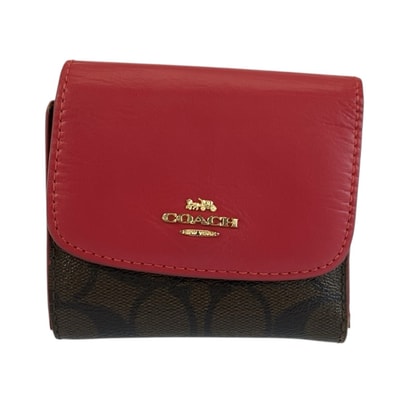 COACH コーチ シグネチャー レッド ブラウン ゴールド金具 レザー 折財布 コンパクトウォレット 602673 【中古】