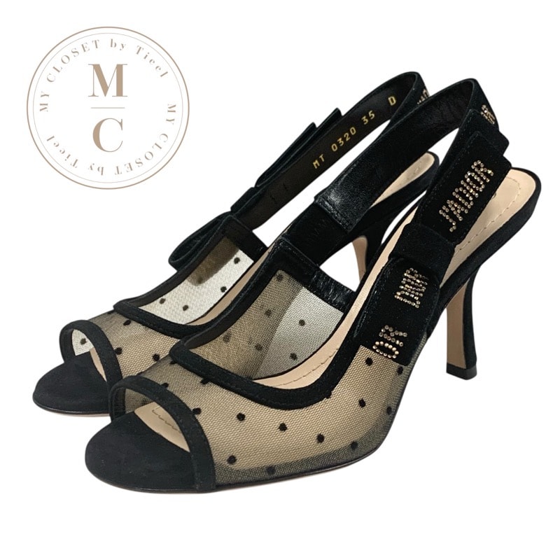 クリスチャンディオール CHRISTIAN DIOR JADIOR サンダル 靴 シューズ メッシュ スエード ブラック 黒 ラインストーン ドット スリングバック