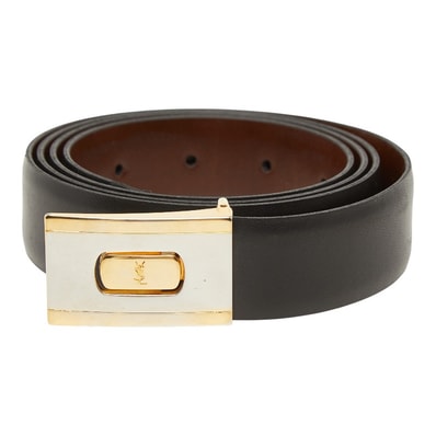 サンローラン ヴィンテージ ロゴ ベルト ブラック ブラウン レザー メッキ レディース SAINT LAURENT 【中古】