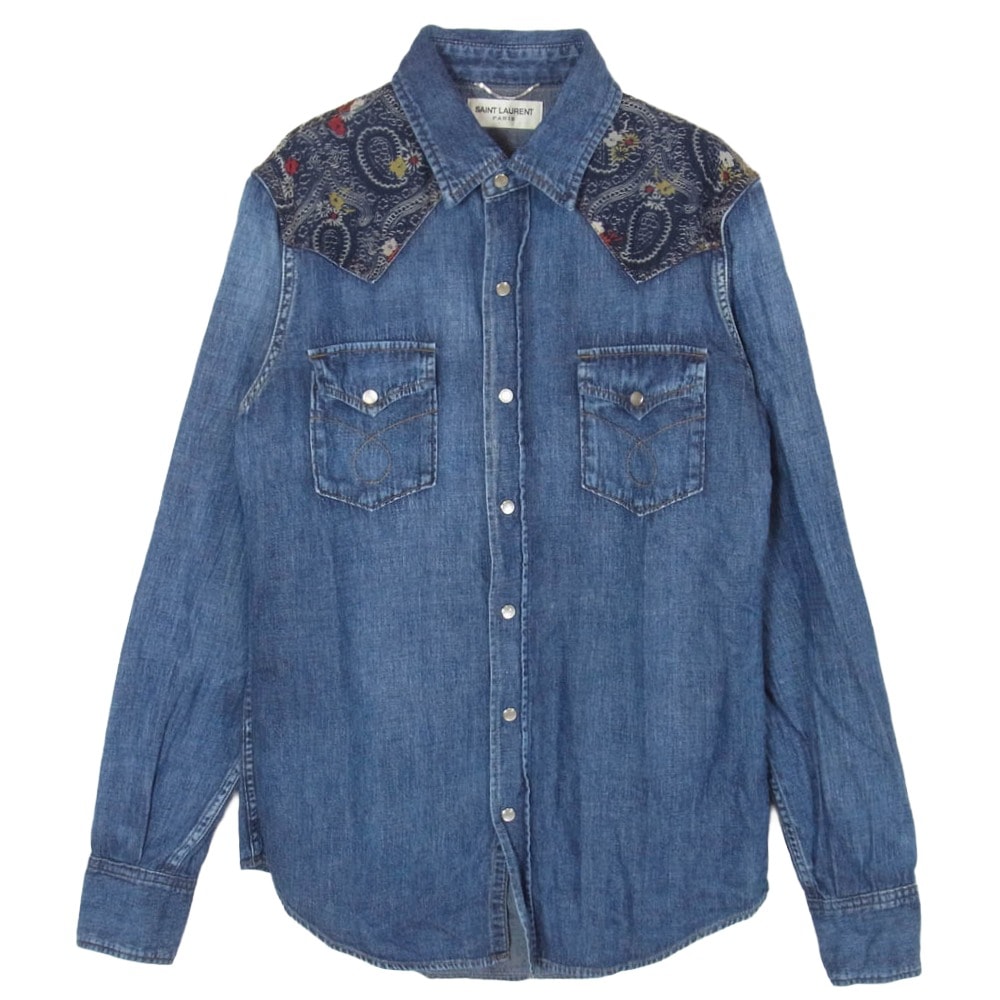 SAINT LAURENT サンローラン 379851 Y880H Hedi Slimane Archive エディ期 アーカイブ 切替 デニム ウエスタン 長袖 シャツ インディゴブルー系 XS【中古】