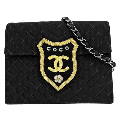 CHANEL シャネル ショルダーバッグ マトラッセ エンブレムワッペン ココマーク チェーンショルダー 肩掛け 斜め掛け ココ かばん 鞄 キャンバス レザー ブラック 黒 シルバー金具 レディース 美品【中古品】