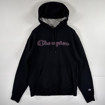 古着 チャンピオン Champion パーカー スウェット フーディ ワッペン プルオーバー ビッグロゴ刺繍 L ブラック メンズ