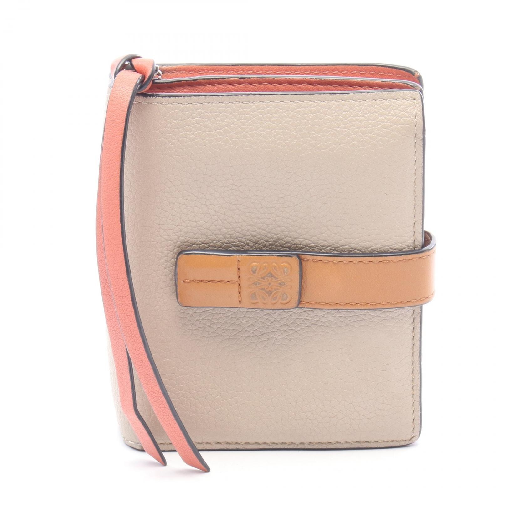 ロエベ LOEWE コンパクト ジップ ウォレット 二つ折り財布 財布 レザー レディース ベージュ系 / ブラウン系 / ピンク系 【中古】