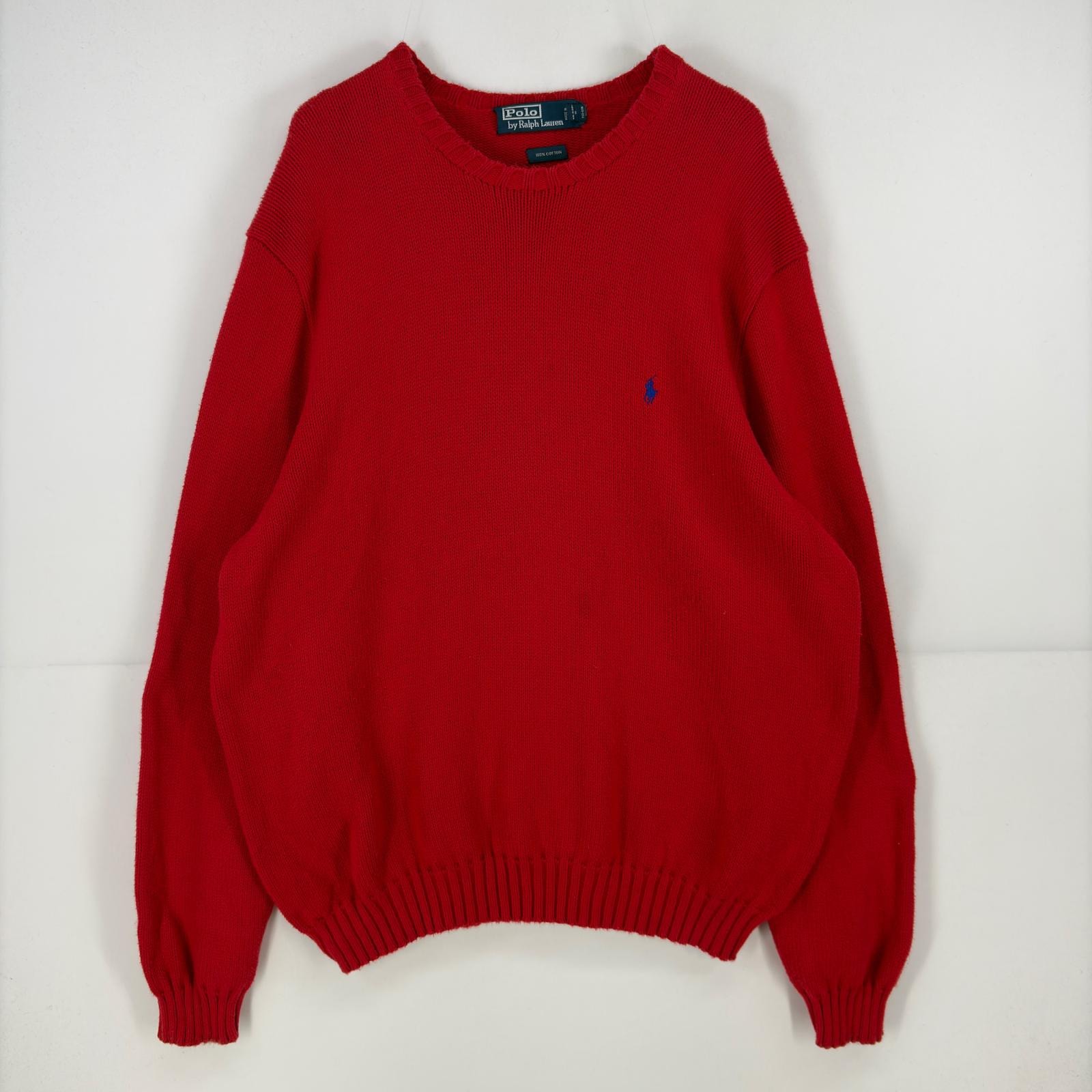 古着 ポロ・ラルフローレン POLO RALPH LAUREN ニット ワンポイント 刺繍 大きいサイズ セーター プルオーバー 2XL レッド 無地 メンズ