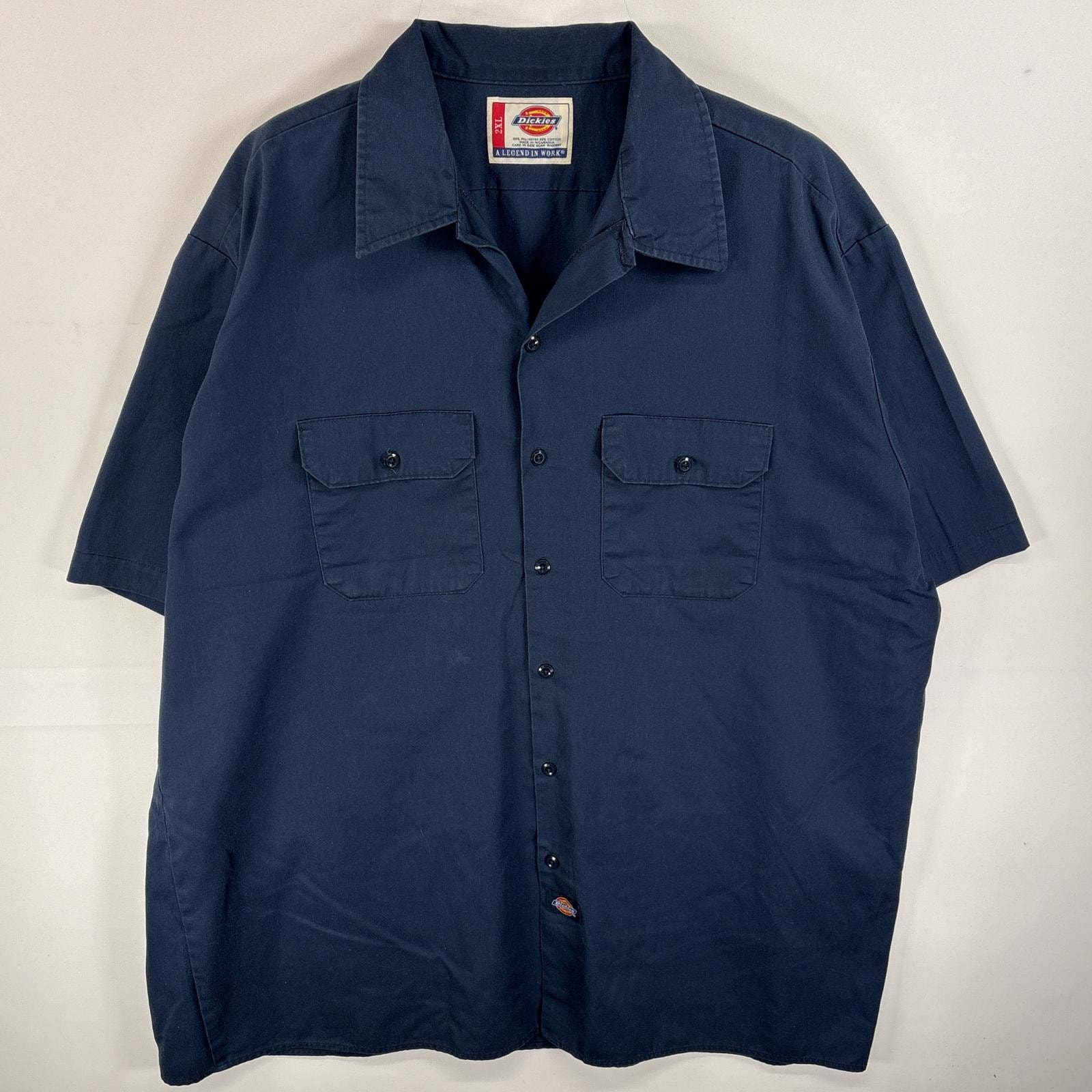 古着 ディッキーズ Dickies 半袖シャツ フラップポケ ワンポイント ロゴ ワークシャツ 2XL ネイビー 無地 メンズ