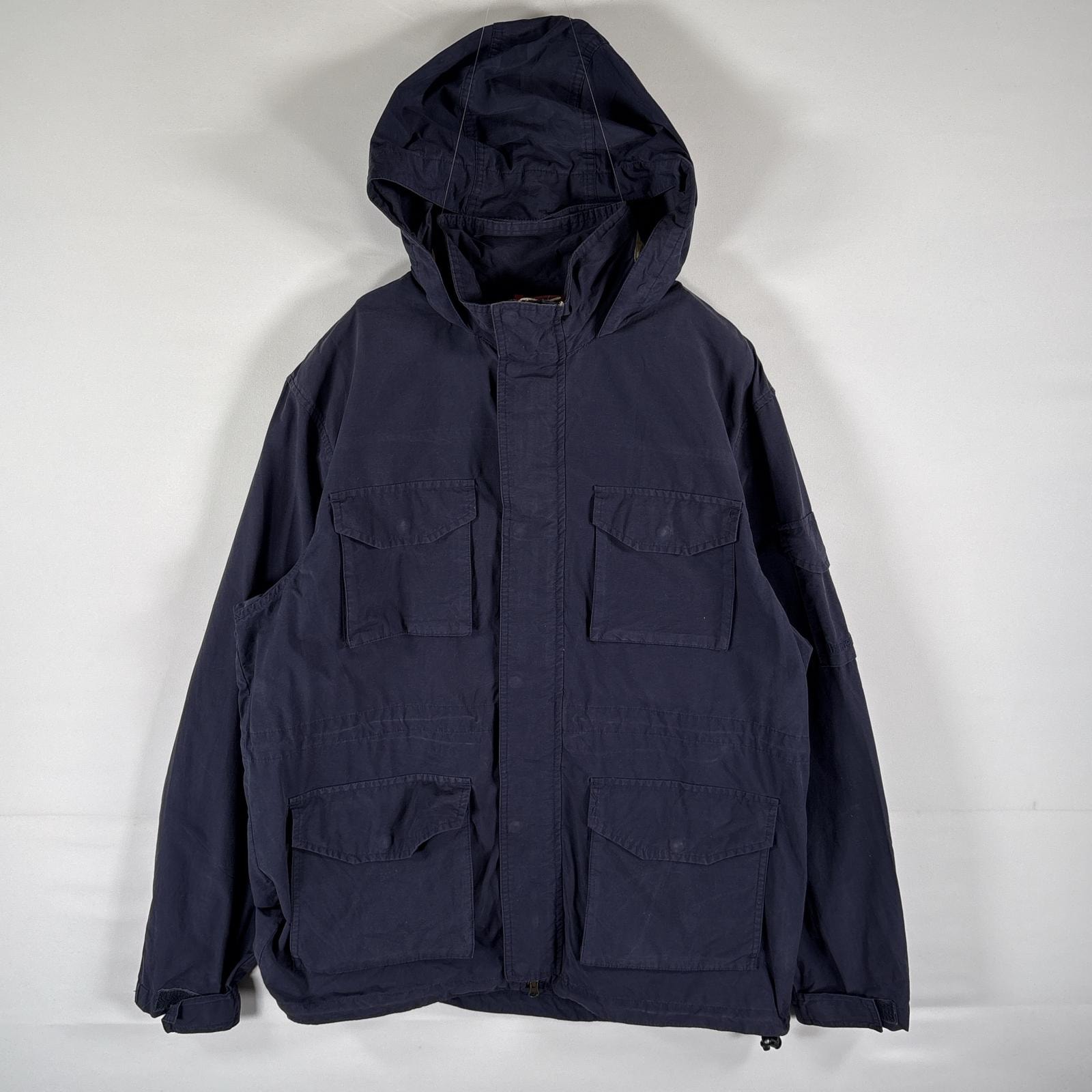 古着 ティンバーランド Timberland コットンジャケット カバーオール 袖ロゴ フルジップ パーカー L  ダークネイビー メンズ