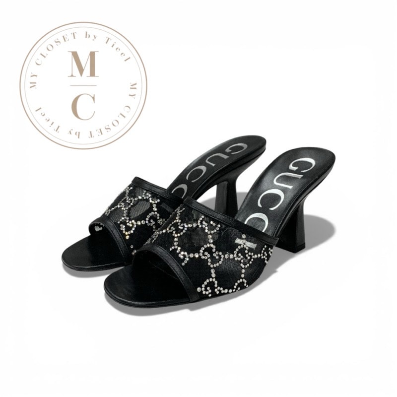 グッチ GUCCI サンダル 靴 シューズ メッシュ レザー ブラック 黒 未使用 クリスタル ビジュー ミュール