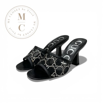 グッチ GUCCI サンダル 靴 シューズ メッシュ レザー ブラック 黒 未使用 クリスタル ビジュー ミュール