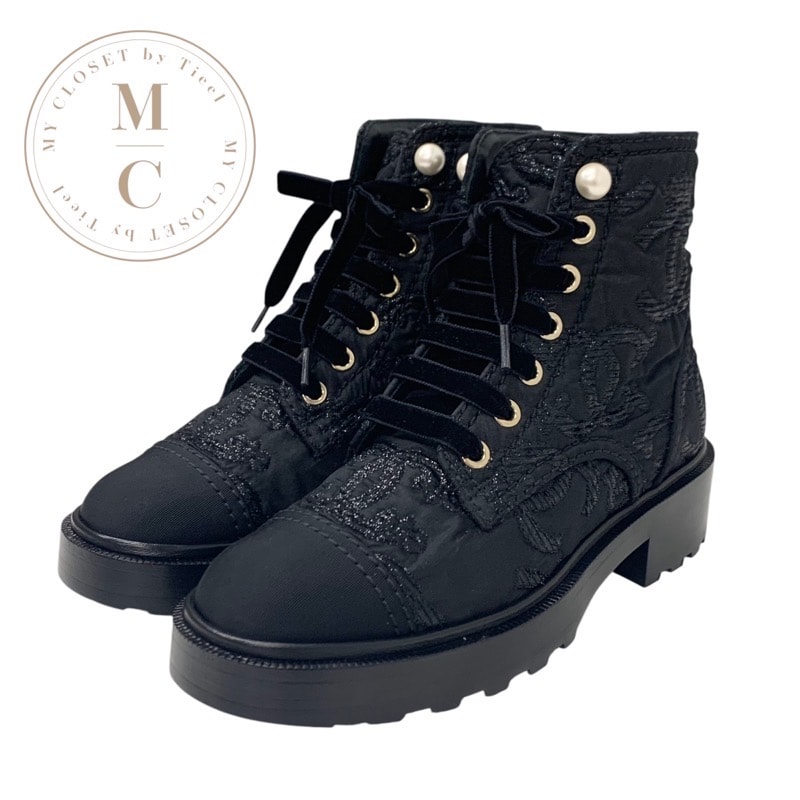 シャネル CHANEL ブーツ ショートブーツ 靴 シューズ ファブリック ブラック 黒 ココマーク レースアップ パール