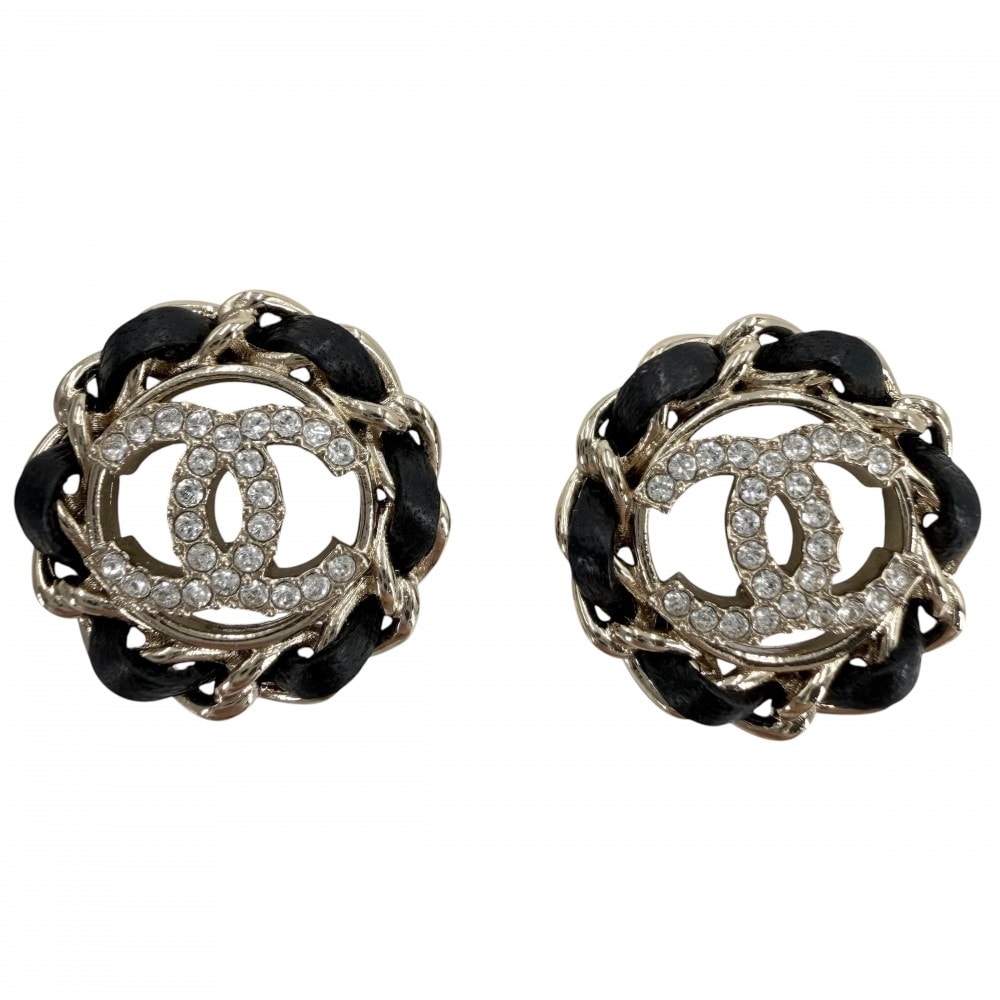 CHANEL シャネル ピアス チェーン ココマーク アクセサリー GP  レザー  ラインストーン  B26V ゴールド ブラック 黒 レディース 約5.0g 美品 2026年【中古品】