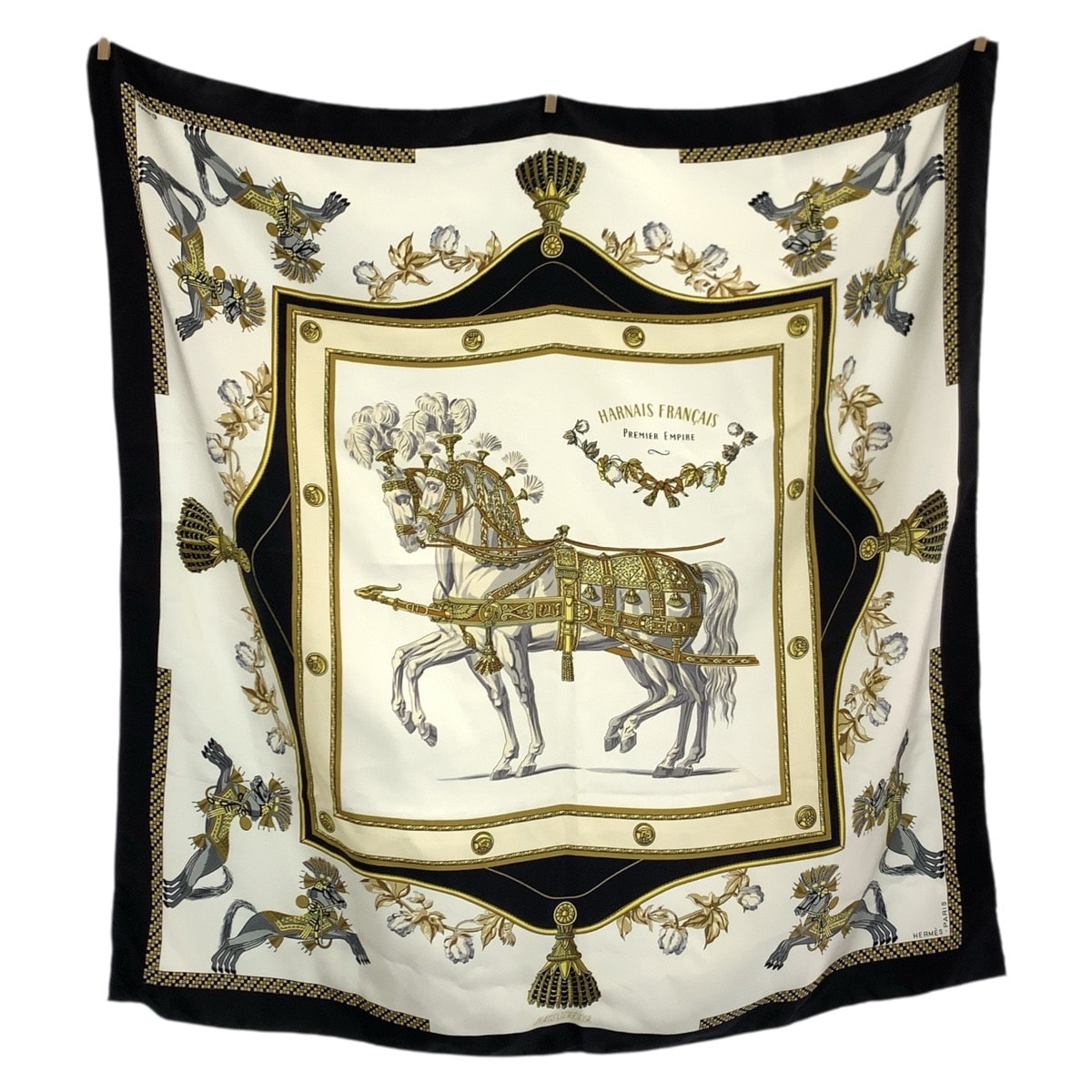 HERMES エルメス Harnais Francais PREMIER カレ90 ホワイト ブラック マルチカラー シルク スカーフ 602385 【中古】