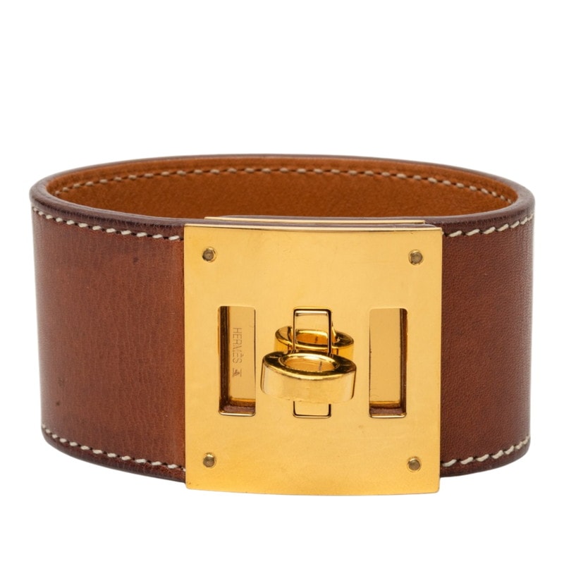 エルメス ケリードッグ ブレスレット 刻印□Q ブラウン ゴールド レザー メッキ レディース HERMES 中古