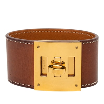 エルメス ケリードッグ ブレスレット 刻印□Q ブラウン ゴールド レザー メッキ レディース HERMES 中古