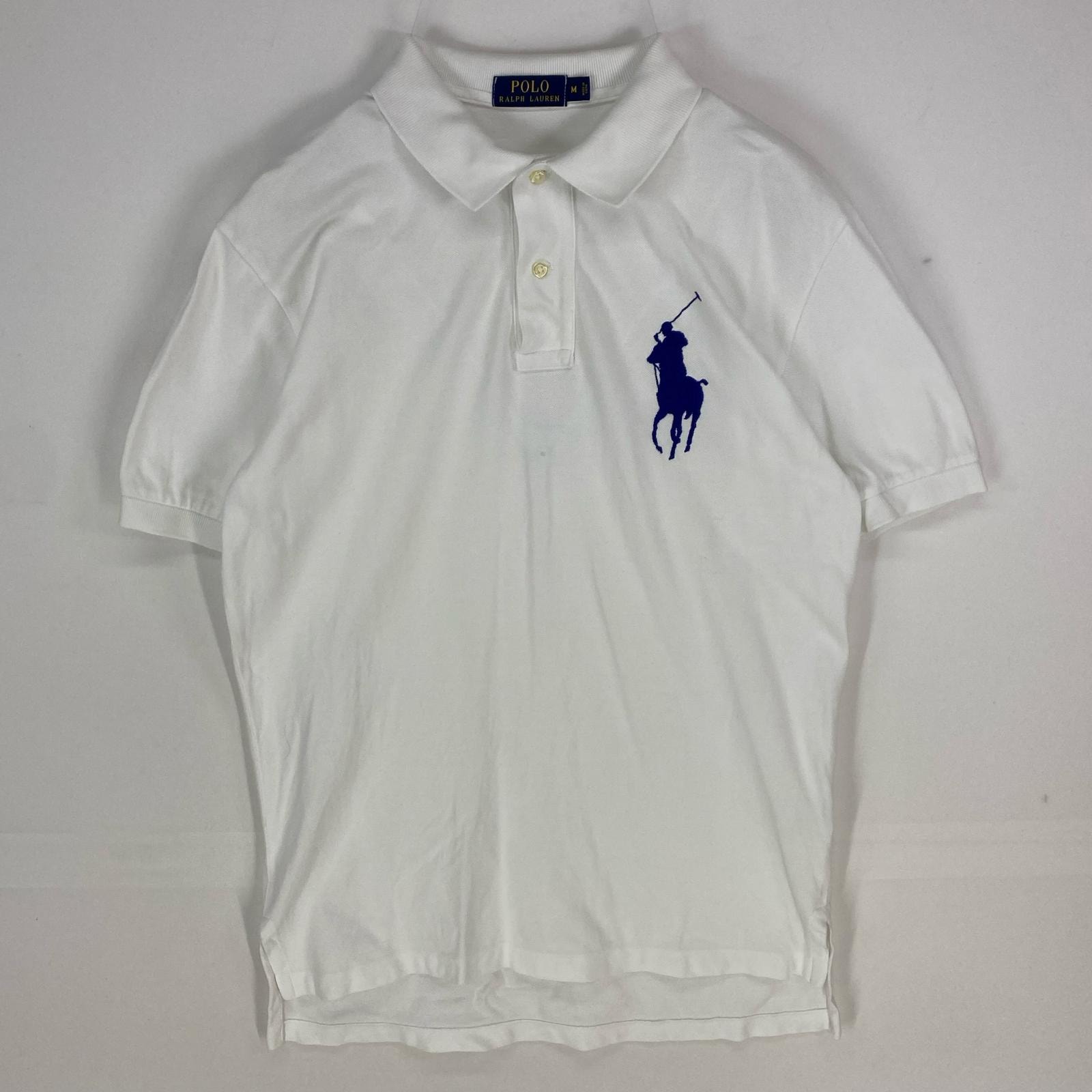 古着 ポロ・ラルフローレン POLO RALPH LAUREN 鹿の子 半袖シャツ ビッグポニー ポロシャツ ロゴ刺繍 M  ホワイト系 メンズ