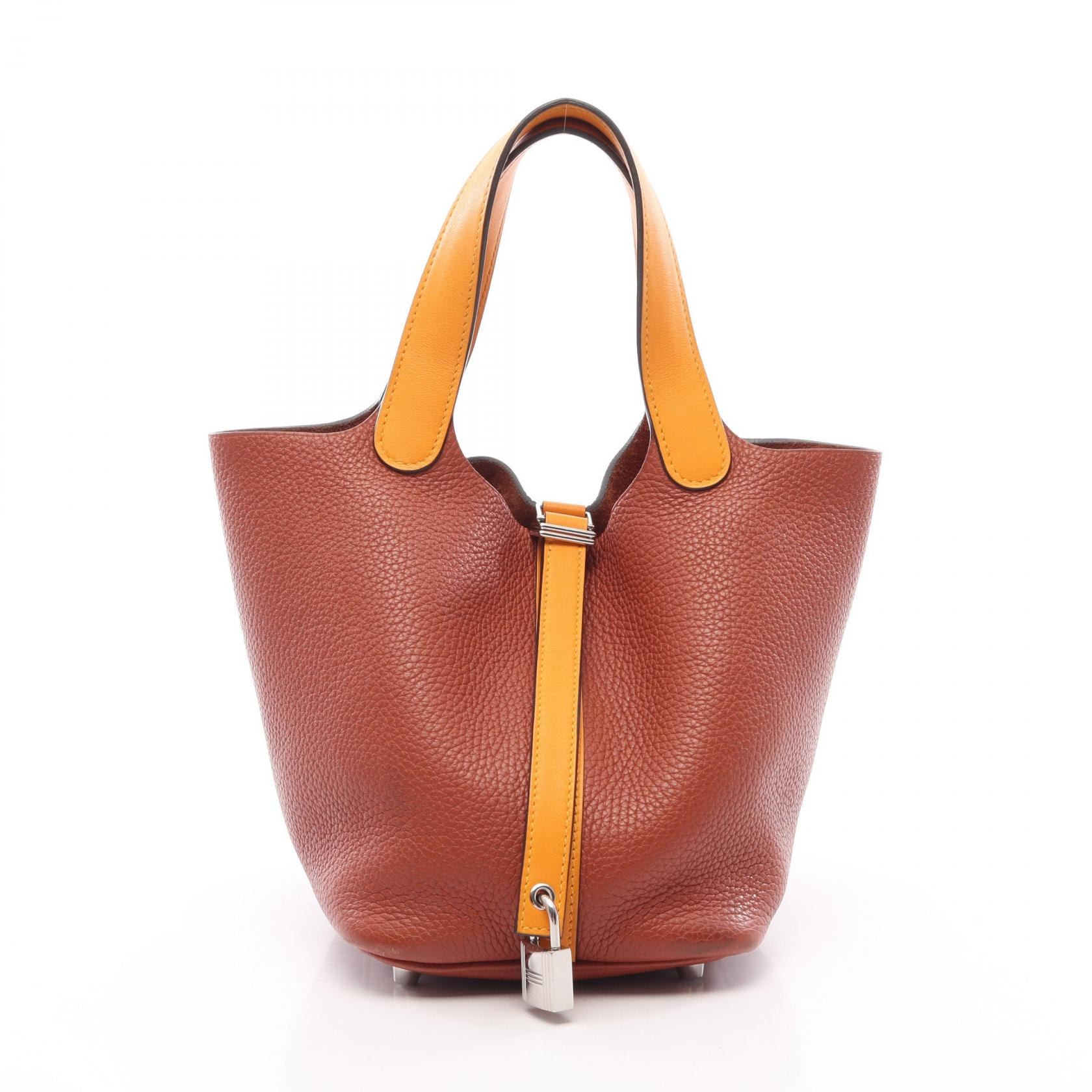 エルメス HERMES ピコタンロック タッチPM ハンドバッグ バッグ レザー トリヨンクレマンス / ヴォースイフト トリヨンクレマンス キュイーブル A刻印(2017年製造) レディース ブラウン系 / イエロー系 / ジョーヌドール