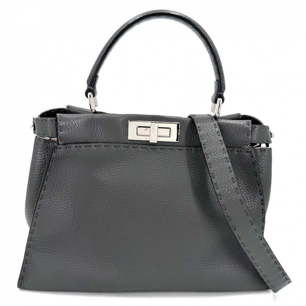 FENDI フェンディ 2WAY ピーカブー レギュラー ハンドバッグ ショルダーバッグ 肩掛け 斜め掛け セレリア 8BN290 レザー    グレー シルバー金具 レディース【中古品】