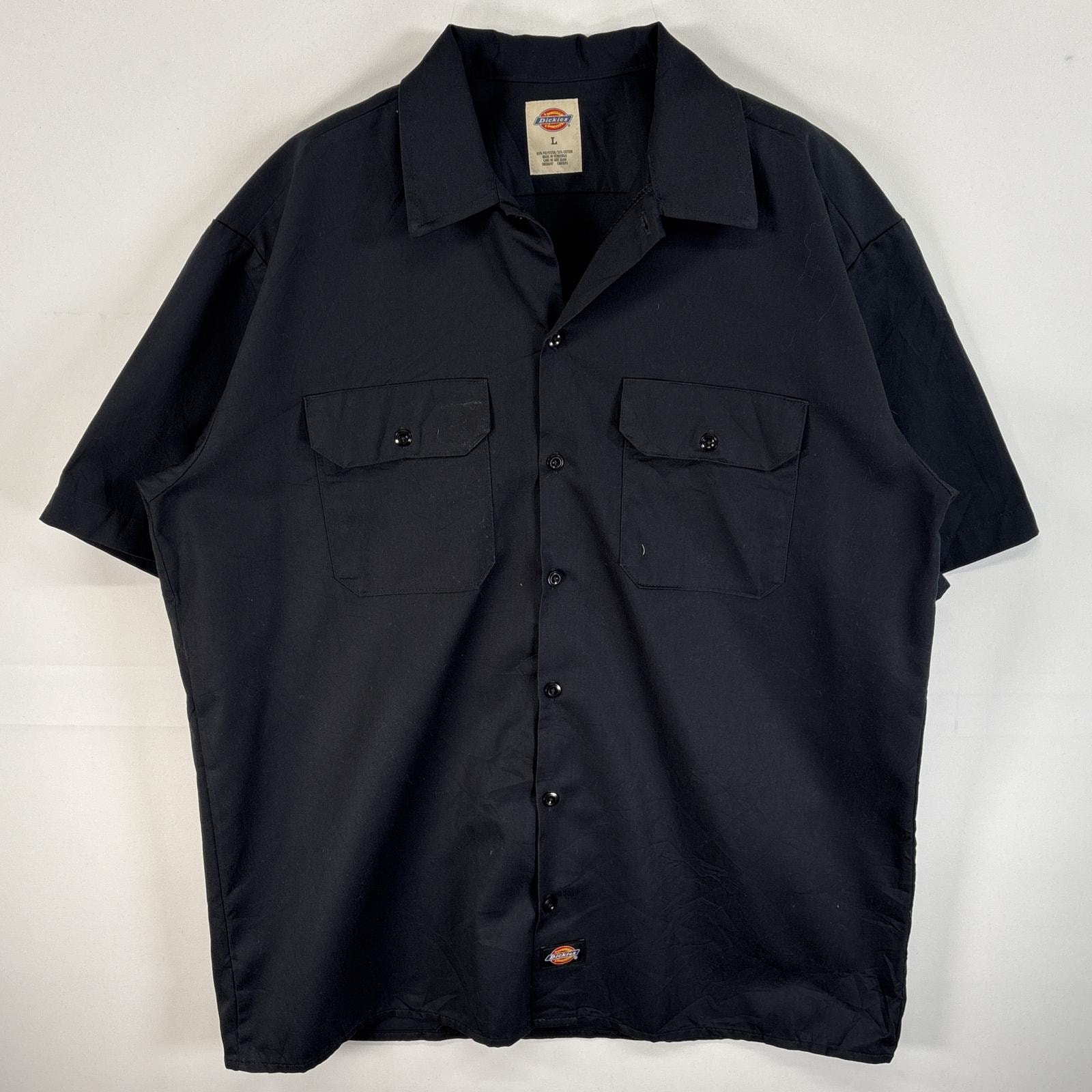 古着 ディッキーズ Dickies 半袖シャツ フラップポケ ワークシャツ ワンポイント ロゴ L ブラック 無地 メンズ