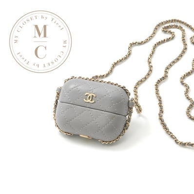 シャネル CHANEL airpodsケース チャーム ケース ラムスキン ココマーク マトラッセ チェーン グレー
