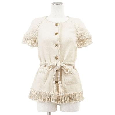 【未使用】CAHNEL シャネル ニット カーディガン メティエダール パリ NY エジプト 18C P58186 2018年製 COCOマーク ロゴ オウル フクロウ 梟 ボタン コットン フリンジ 半袖 付属品有 レディース 36 エクリュ イタリア製