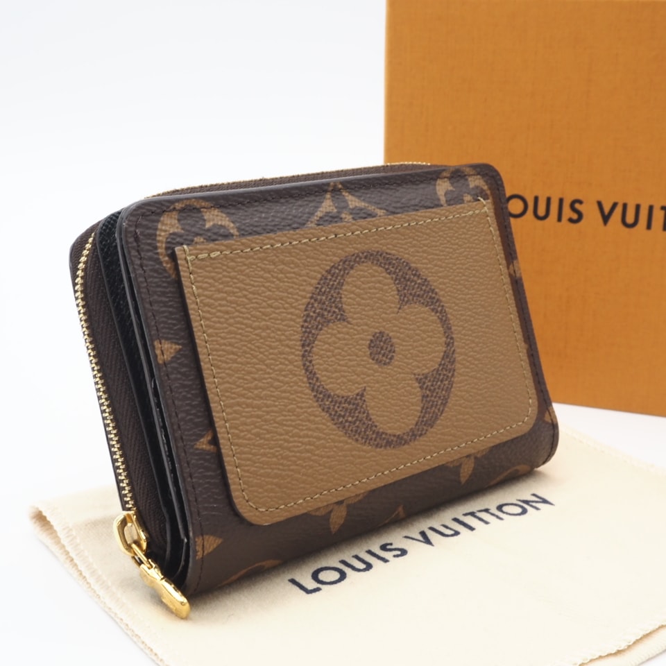 美品 LOUIS VUITTON ルイ・ヴィトン モノグラム リバース ポルトフォイユ ルー M81461 二つ折り財布 ブラウン ベージュ コーティングキャンバス グレインレザー レディース