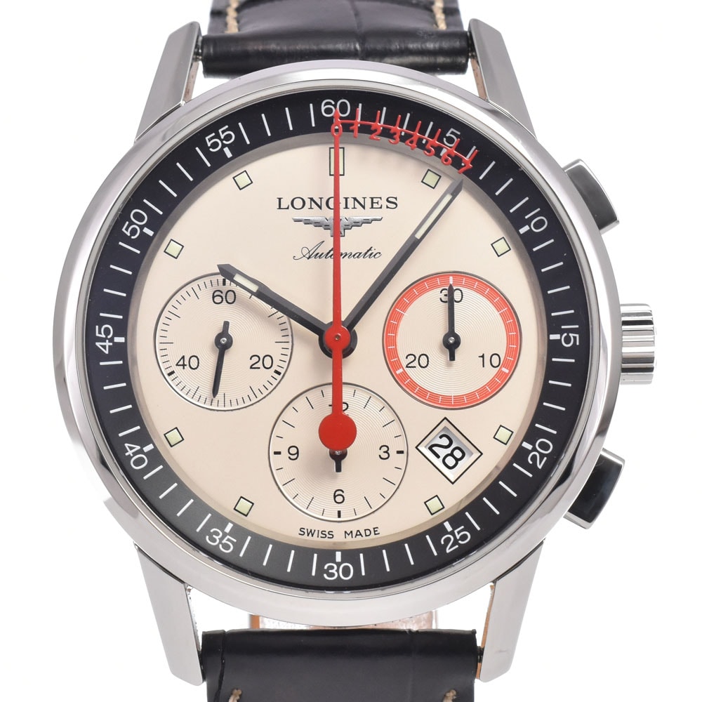 ロンジン LONGINES L4.754.4.72.4 ヘリテージ コラムホイール クロノグラフ レコード アイボリー 自動巻き メンズ 美品 腕時計 N#151295