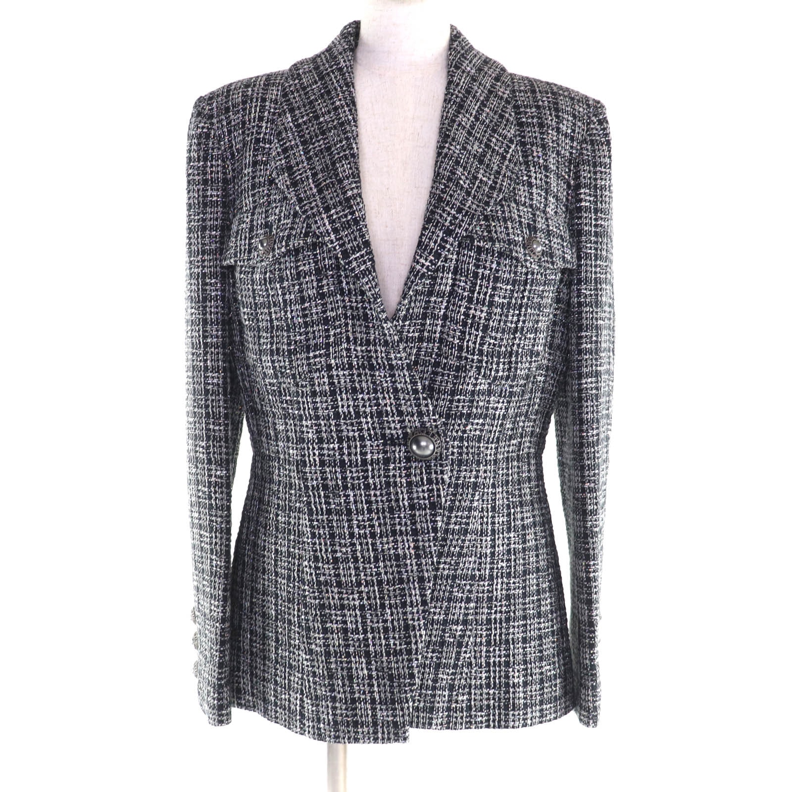 極美品 シャネル ジャケット ブラック シルバー レディース 42 P60790