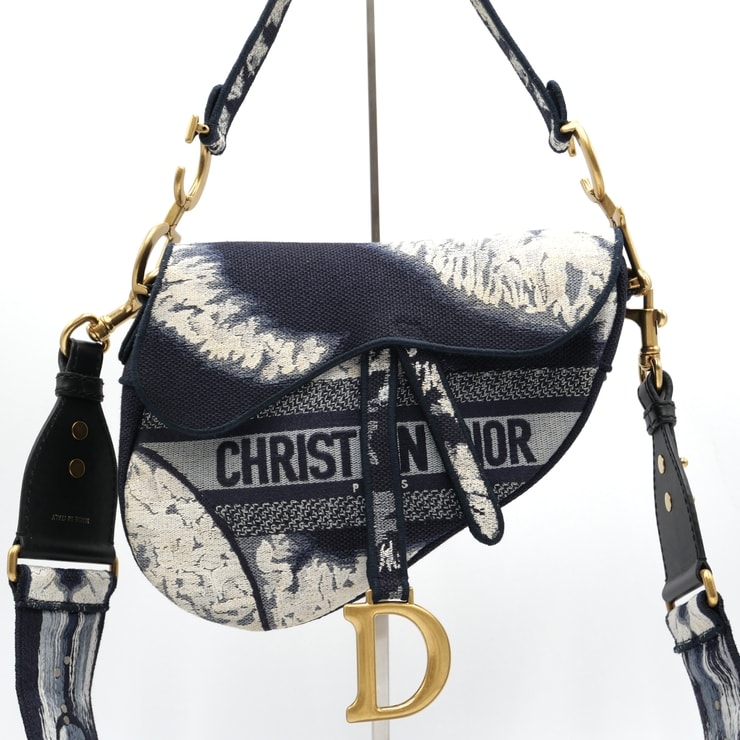 DIOR(ディオール)サドル オブリーク ジャカード ショルダーバッグ ネイビー ホワイト レース調 フラワー柄 ゴールド金具 ワイドショルダーストラップ付き レディース 50-MA-0230【中古】