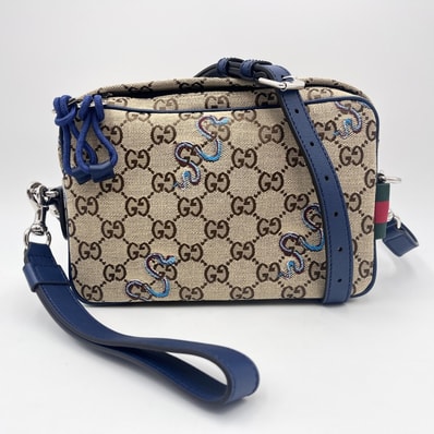GUCCI(グッチ)GGキャンバス スネーク刺繍 ショルダーバッグ ベージュ ブルー レザー 斜め掛け ユニセックス 87771-520981【中古】