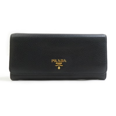 プラダ PRADA 二つ折り長財布 レザー ブラック レディース【中古】 h31799g