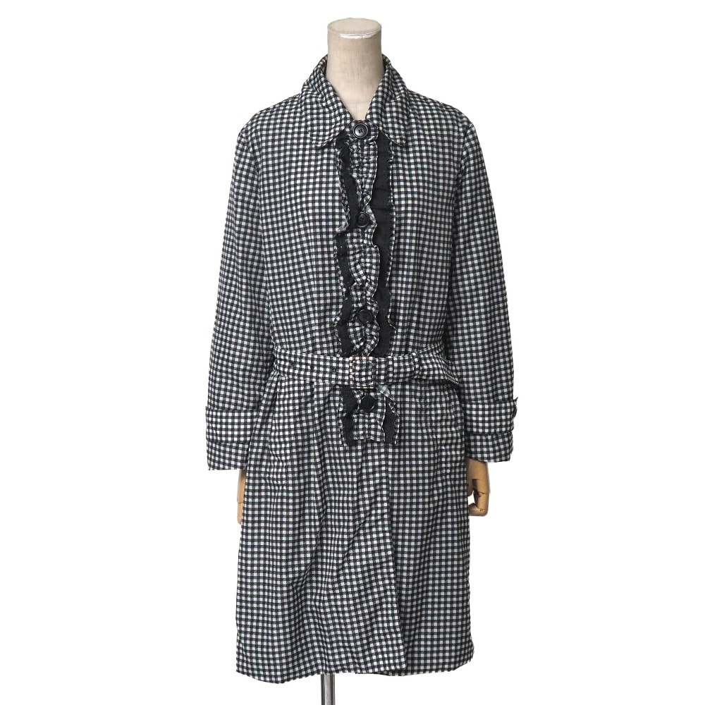 PRADA プラダ コート サイズ38 チェック フリル ステンカラー ベルテッドコート ナイロン ブランド古着【中古】20260617/RA9892