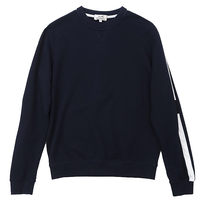 【美品】HERMES エルメス スウェットトレーナー サイドストライプ 側章 フレンチテリー クルーネック ロングスリーブ 長袖 コットン100％ トップス メンズ サイズ M ダークネイビー ホワイト 紺 白 イタリア製