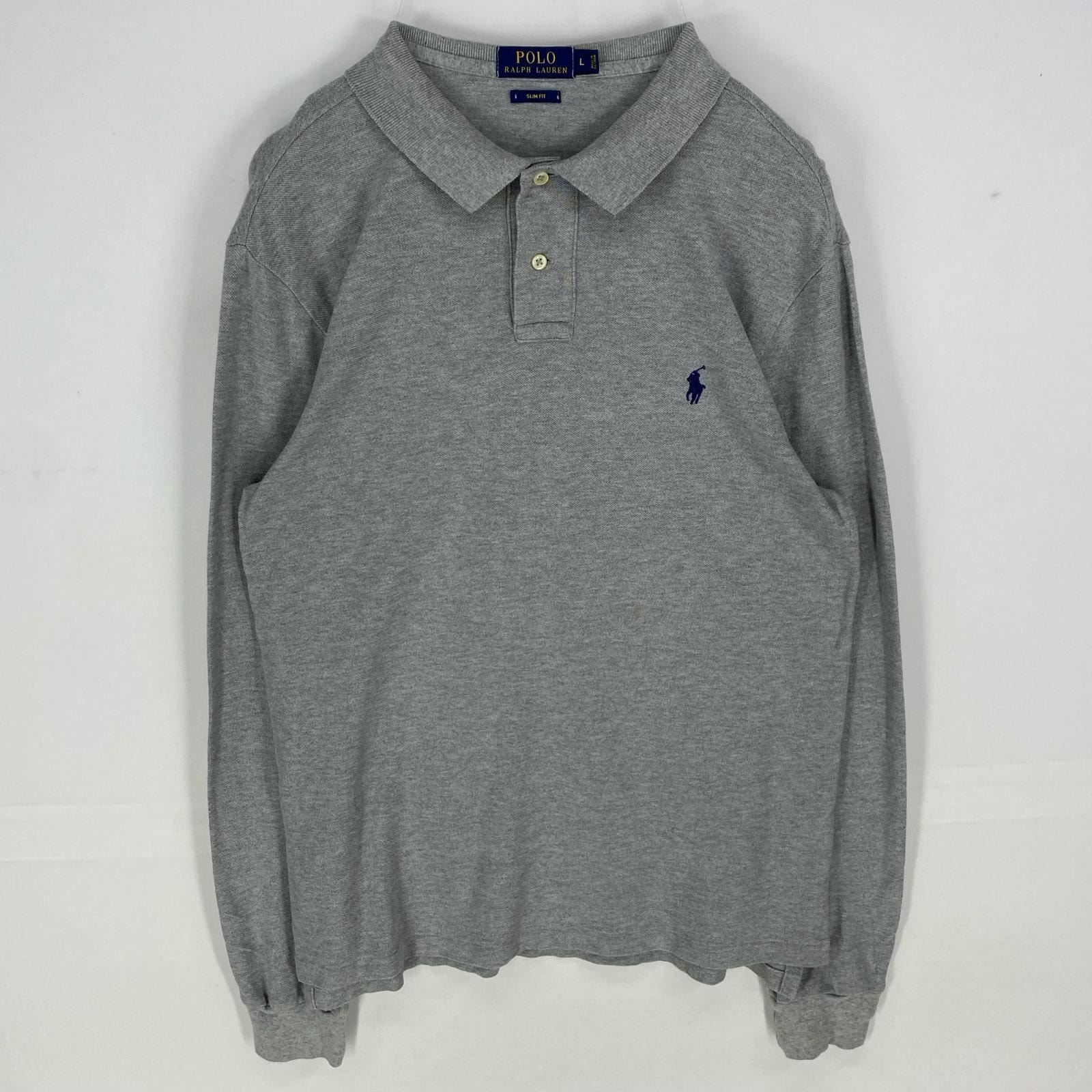 古着 ポロ・ラルフローレン POLO RALPH LAUREN 鹿の子 長袖シャツ ワンポイント スリムフィット ポロシャツ L グレー系 メンズ