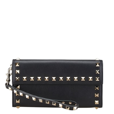 ヴァレンティノ ロックスタッズ 長財布 ブラック ゴールド レザー レディース VALENTINO 中古