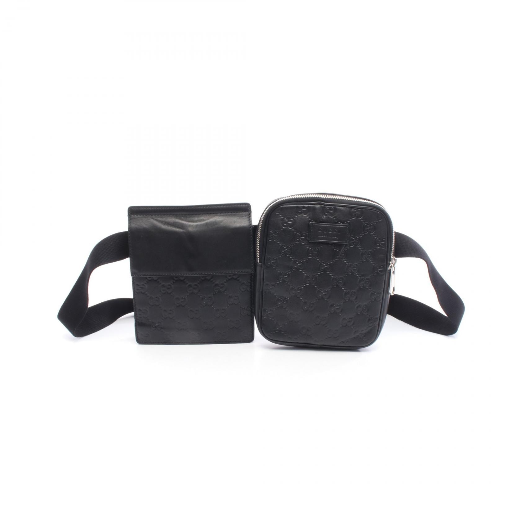 グッチ GUCCI グッチシマ ダブルポーチ ベルトバッグ ウエストバッグ バッグ レザー メンズ レディース ブラック系 495450 【中古】