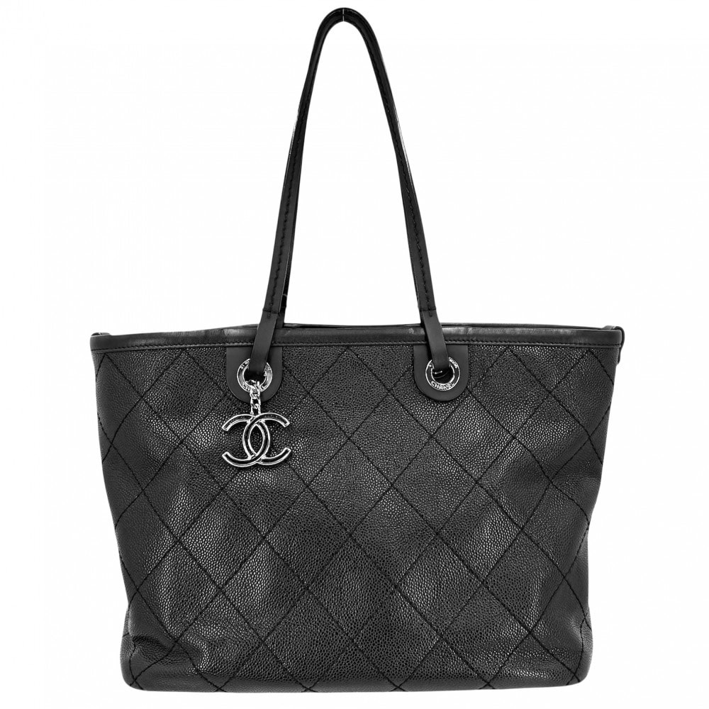 CHANEL シャネル ハンドバッグ オンザロード ワイルドステッチ トートバッグ ココマーク  A92211 レザー  キャビアスキン   ブラック 黒 シルバー金具 レディース【中古品】