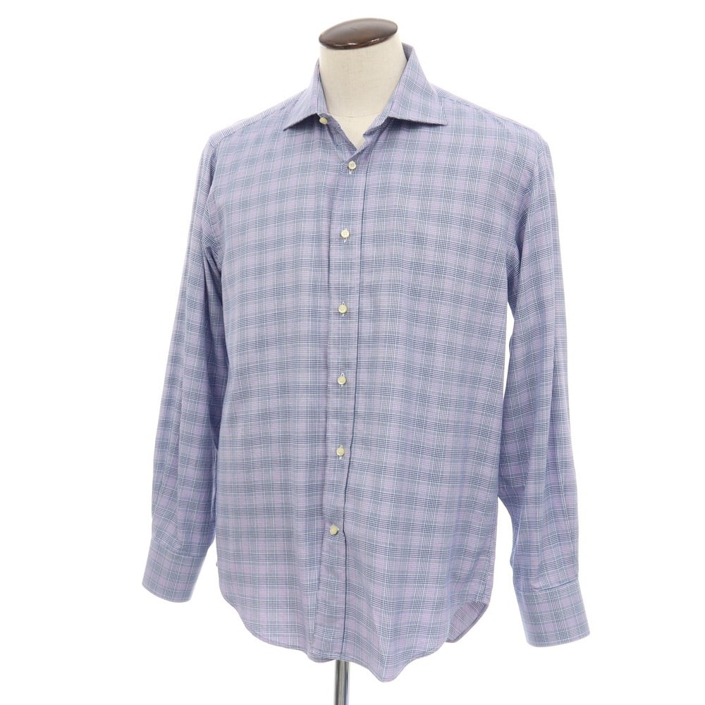 【中古】エトロ ETRO コットン チェック セミワイドカラー カジュアルシャツ ネイビーxピンク【サイズ41】【メンズ】