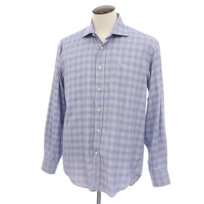 【中古】エトロ ETRO コットン チェック セミワイドカラー カジュアルシャツ ネイビーxピンク【サイズ41】【メンズ】