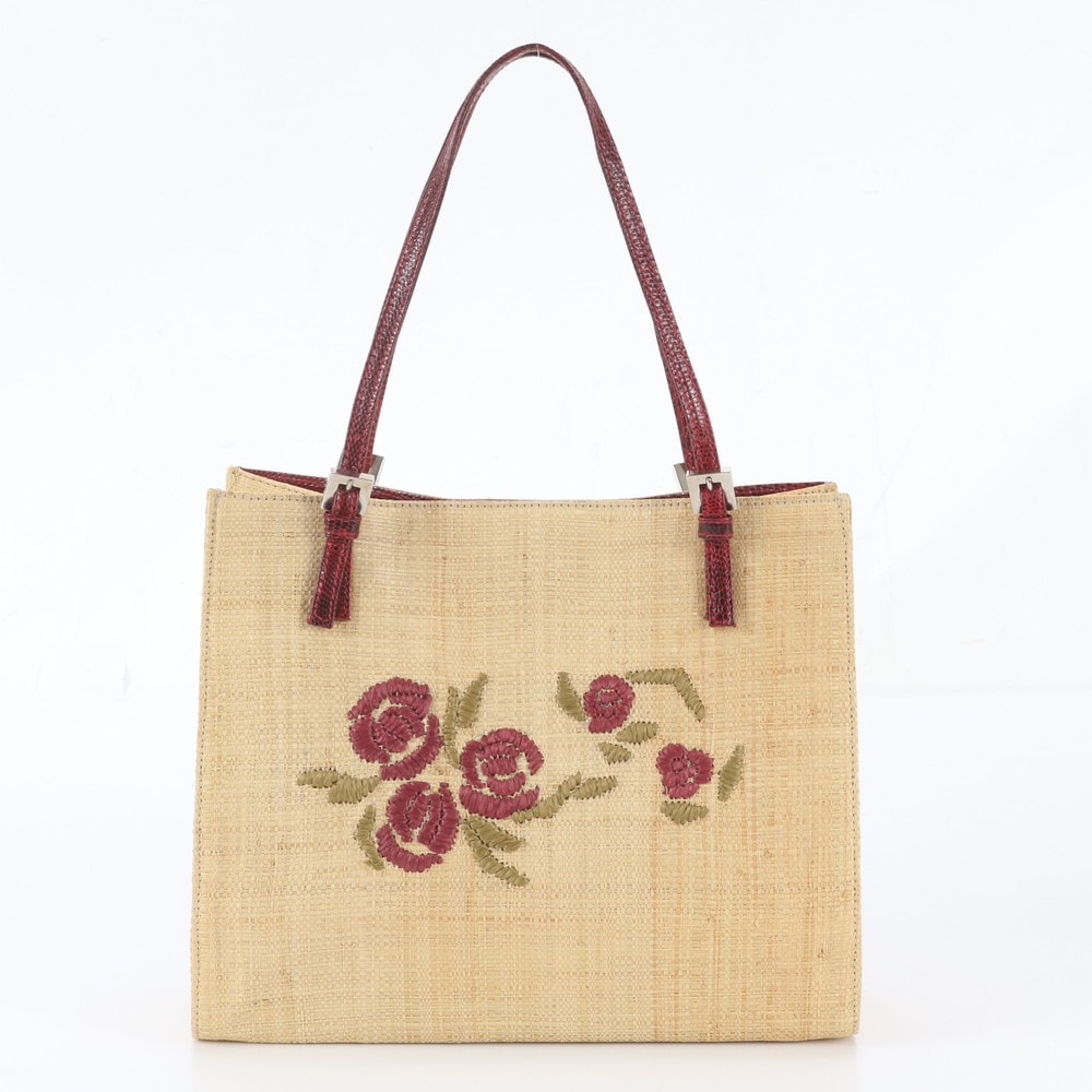 ■美品 フェンディ フラワー 刺繍 ラフィアトート バッグ
