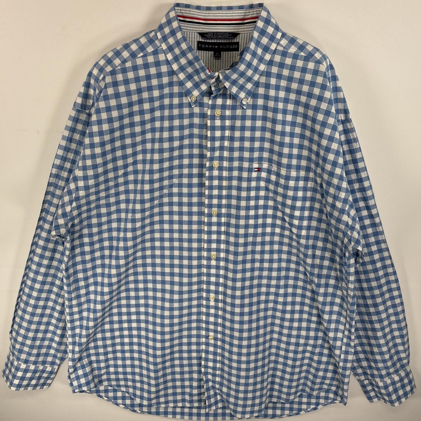 古着 トミーヒルフィガー TOMMY HILFIGER 長袖シャツ ボタンダウンシャツ ワンポイント ロゴ 刺繍 胸ポケ XL  水色系 チェック メンズ