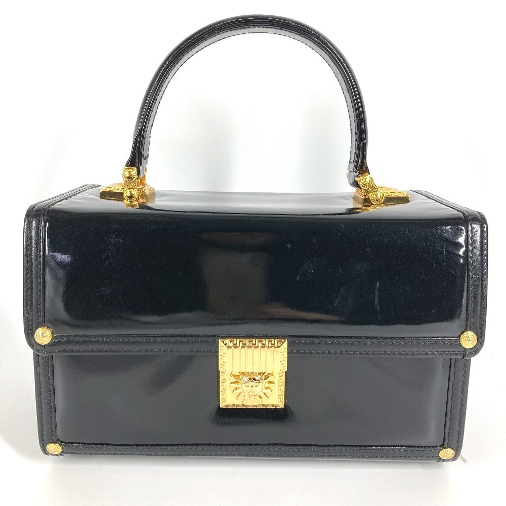 ヴェルサーチ VERSACE サンバースト ロゴ バニティバッグ ヴィンテージ カバン バニティ フラップ ハンドバッグ パテントレザー ブラック
