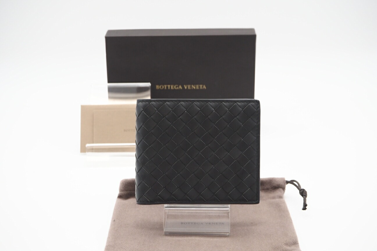 美品 BOTTEGAVENETA ボッテガヴェネタ イントレチャート小 レザー 二つ折り財布 796966 二つ折り財布 グレー レザー メンズ