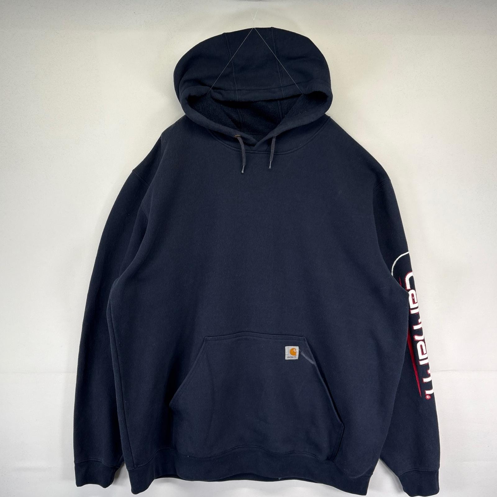 古着 カーハート Carhartt パーカー ワンポイント刺繍ロゴ 袖プリント プルオーバー 2XL ネイビー系 袖プリント メンズ