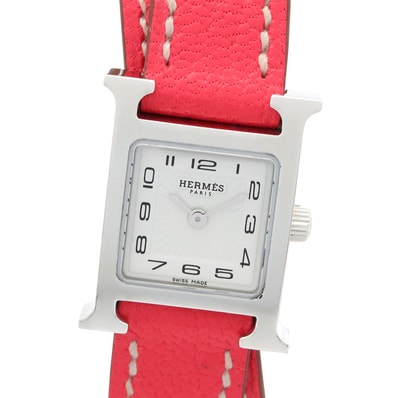 エルメス HERMES Hウォッチ ミニ ドゥブルトゥール 腕時計 時計 ステンレススチール レザーベルト レディース ホワイト系 HH1.110 【中古】