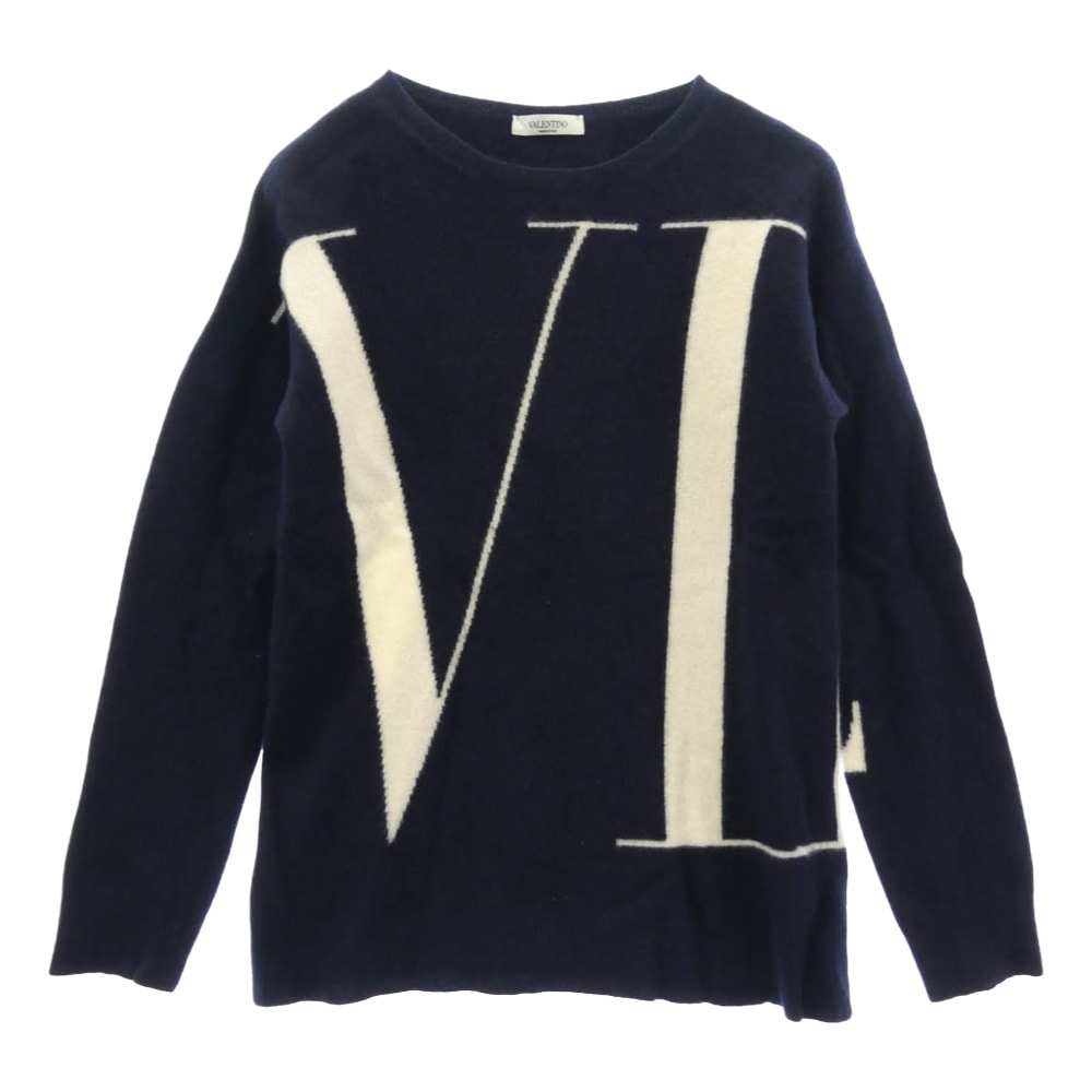 VALENTINO ヴァレンティノ ニット QV0KC29D593 カシミヤ混 VLTNロゴ ロゴプリント クルーネック ニット セーター ダークネイビー系 M【中古】