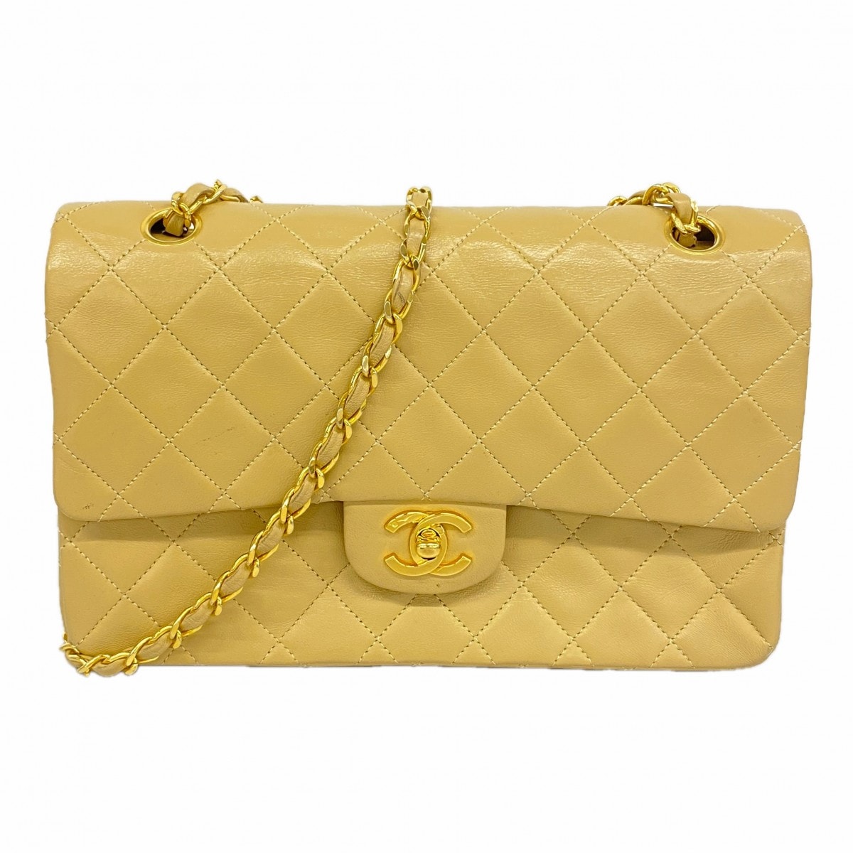 【6gd4100】シャネル ショルダーバッグ マトラッセ Wフラップ Wチェーン ラムスキン ベージュ ゴールド金具【中古】レディース