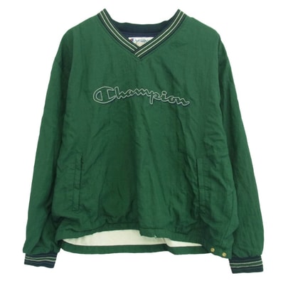 Champion チャンピオン ジャケット 90's 00s V NECK ロゴ 刺繍 プルオーバー ナイロン ジャケット アノラック グリーン XL グリーン系 XL【中古】