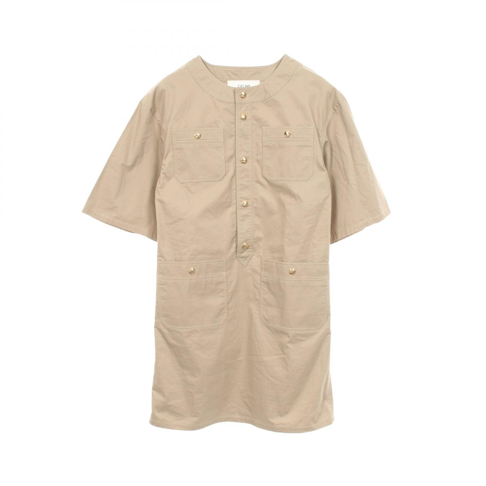 セリーヌ CELINE トリオンフボタン 半袖 ワンピース 衣料品 トップス コットン レディース ベージュ系 2R29F204I 【中古】